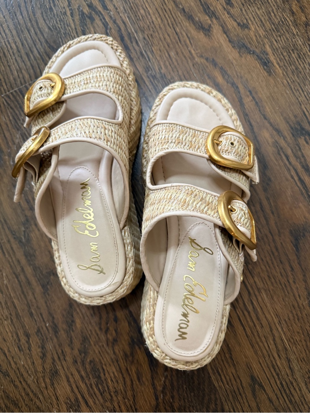 Sam Edelman Natural Woven Double-Buckle Slide Mules with Gold Buckles